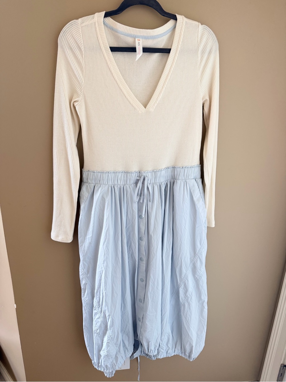 V-Neck Long Sleeve Knit Top and Light Blue Button Skirt Dress